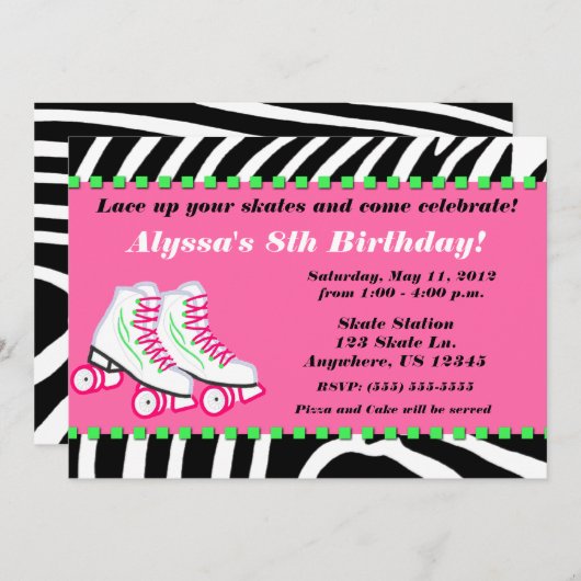 スケートパーティーガールズゼブラプリント誕生日招待状 招待状 (正面/裏面)