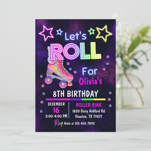 スケートパーティー誕生日招待状、ローラスケートで滑る 招待状 (スタンド正面)