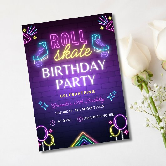 スケートパーティー誕生日招待状、ローラスケートで滑る 招待状
