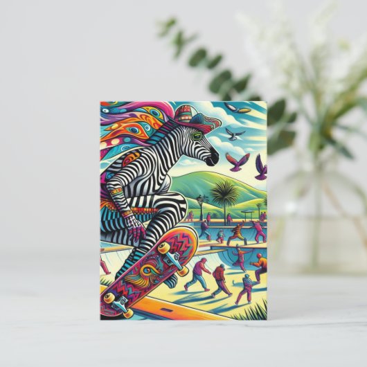 スケートボーディングカラフルゼブラとおもしろい ポストカード (スタンド正面)