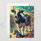 スケートボーディングシュルカラフルレアルおもしろいホルスタイン牛 ポストカード (正面/裏面)