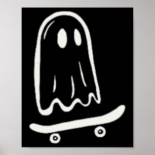 スケートボードが大好きなオバケのハロウィンTシャツ ポスター