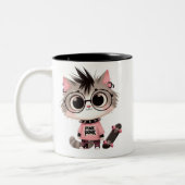 スケートボードつき可愛いパンク猫 | ピンクパンク子猫 ツートーンマグカップ (左)