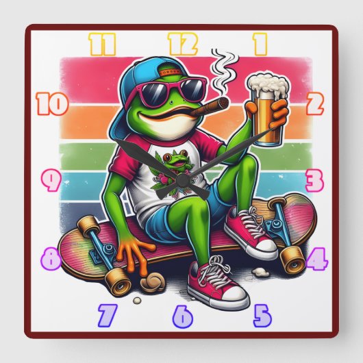 スケートボードでパーティーを飲む準備ができているカエル スクエア壁時計 (正面)