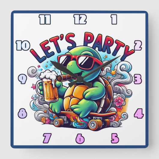スケートボードで亀の飲み物! スクエア壁時計 (正面)