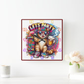 スケートボードとドリンクでパーティーする猫 スクエア壁時計 (ホーム)