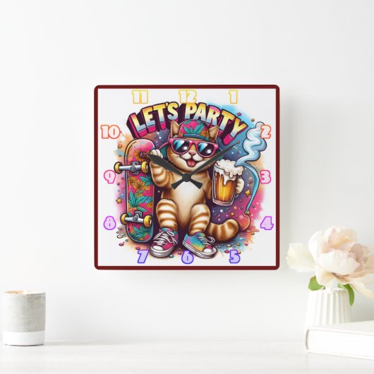 スケートボードとドリンクでパーティーする猫 スクエア壁時計 (ホーム)