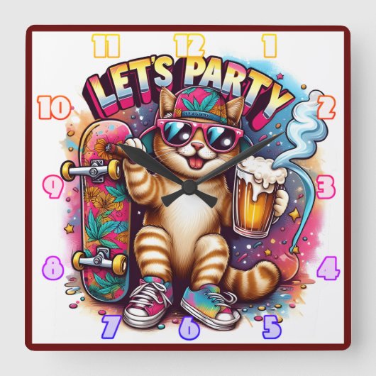 スケートボードとドリンクでパーティーする猫 スクエア壁時計 (正面)