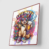 スケートボードとドリンクでパーティーする猫 スクエア壁時計 (傾斜)