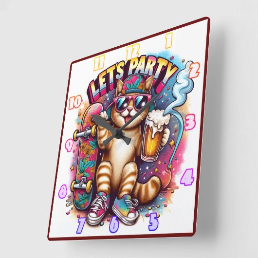 スケートボードとドリンクでパーティーする猫 スクエア壁時計 (傾斜)