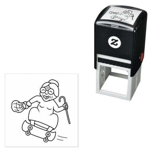 スケートボードにステッキを持った老婦人 セルフインキングスタンプ (インサイチュ)