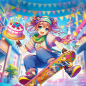 スケートボードに乗ったアニメの女子の誕生日 カード