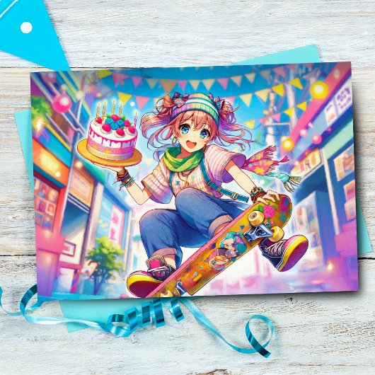 スケートボードに乗ったアニメの女子の誕生日 カード