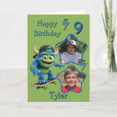 スケートボードに乗ったモンスターの2枚の写真 9歳の誕生日カード カード (正面)