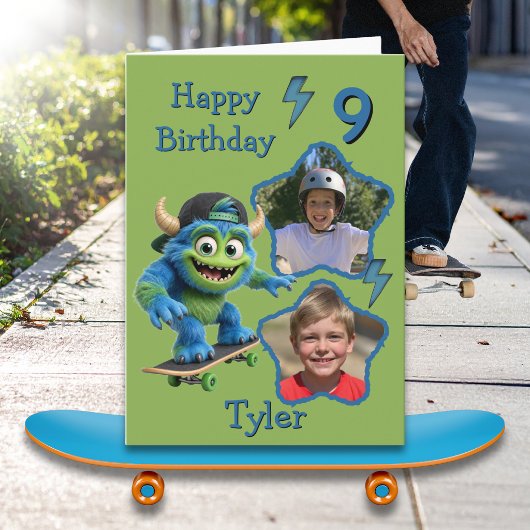 スケートボードに乗ったモンスターの2枚の写真 9歳の誕生日カード カード