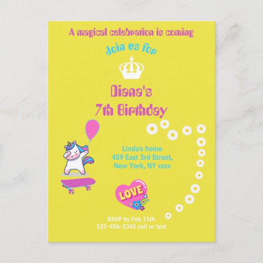 スケートボードに乗ったユニコーンのカスタマイズキャプション ポストカード (正面)