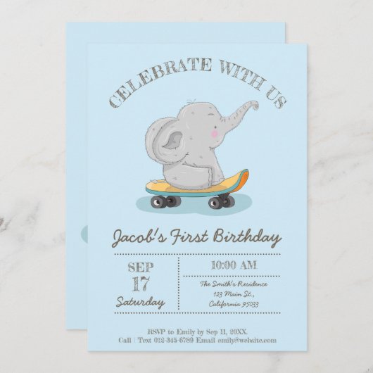 スケートボードに乗った可愛い象。バースデー 招待状 (正面/裏面)
