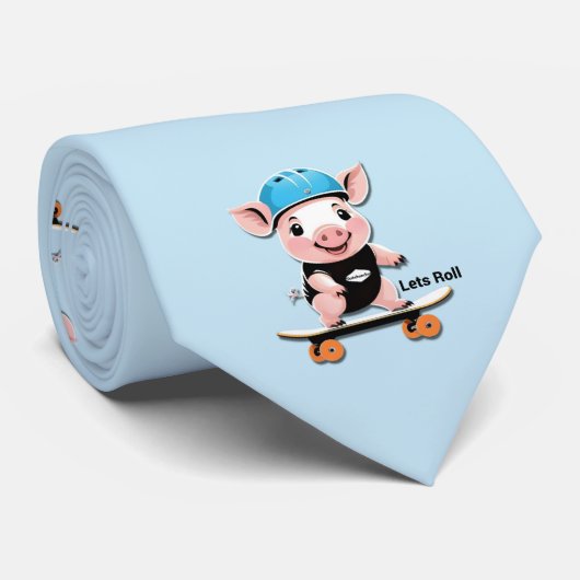 スケートボードに乗った漫画の赤ん坊の転が豚、 ネクタイ (ロール)