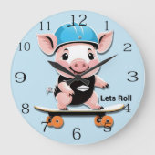 スケートボードに乗った漫画の赤ん坊の転が豚、 ラージ壁時計 (正面)