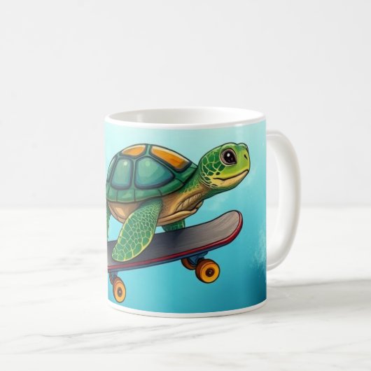 スケートボードに乗ってかわいい亀 コーヒーマグカップ (正面右)