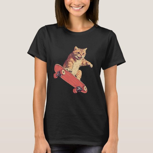 スケートボードに乗ってスケボーをする面白い猫 Tシャツ (正面)