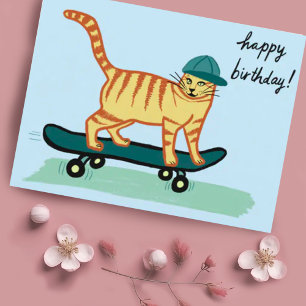 スケートボードに乗るタビー猫 HAPPY BIRTHDAY ポストカード