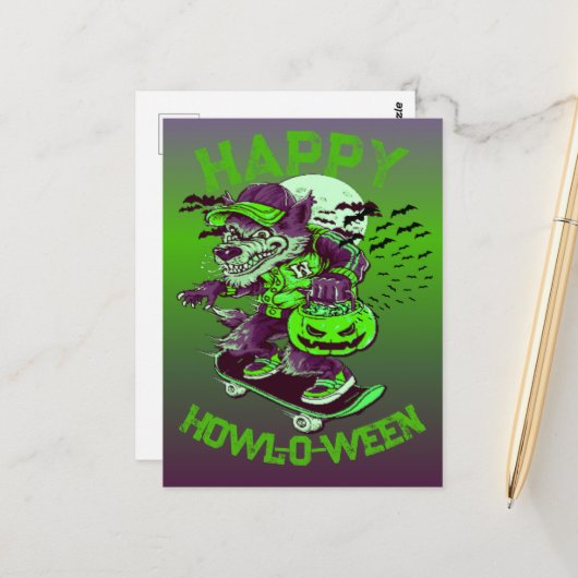 スケートボードに乗るハッピーハウルオウィーンウルフ ポストカード (正面/裏面インサイチュ)