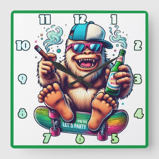 スケートボードのパーティービデオを楽しむチルイェティ スクエア壁時計 (正面)