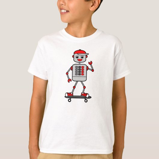 スケートボードの漫画のロボット男の子 Tシャツ (正面)
