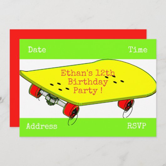スケートボードの10代の少年の誕生会 招待状 (正面/裏面)
