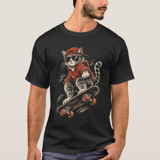 スケートボードをする猫 - 笑える猫 Tシャツ
