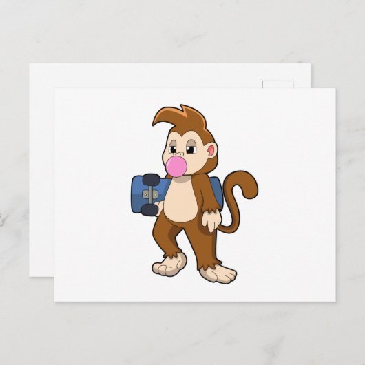 スケートボードを使ったスケーターとしてのサル ポストカード (正面/裏面)