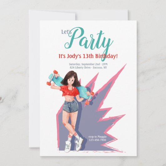 スケートボードを持つティーンの女の子 招待状 (正面)