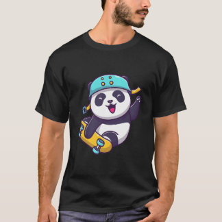 スケートボードを楽しむ幸せなパンダ スケボー スポーツ動物 Tシャツ