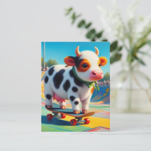 スケートボードカラフルシュレアルとおもしろい牛 ポストカード (スタンド正面)