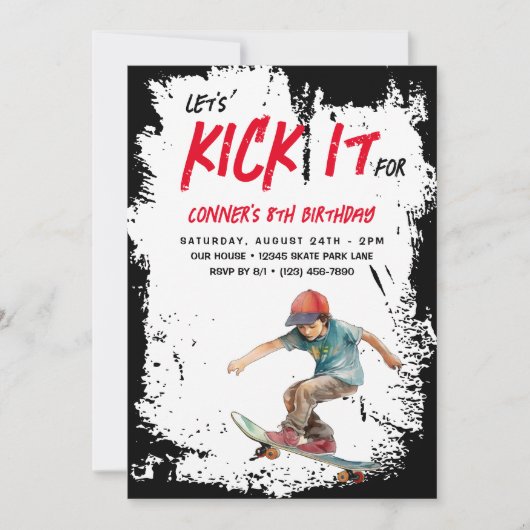 スケートボードグランジフォトスケートボーイバースデーパーティー 招待状 (正面)