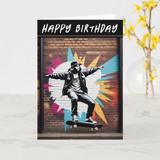 スケートボードスケーターウォールグランジ通りアート誕生日 カード (黄色い花)