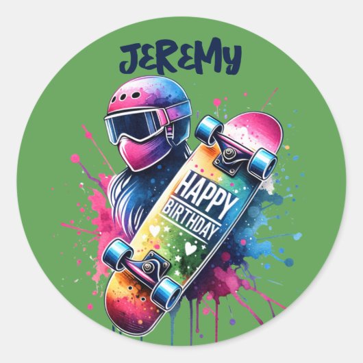 スケートボードスケーターハッピーバースデーモノグラムGr | ラウンドシール (正面)