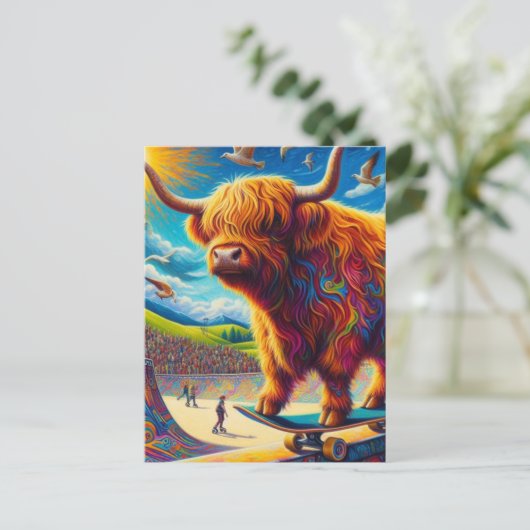 スケートボードハイランドカウウカラフルおもしろいシュレアル ポストカード (スタンド正面)