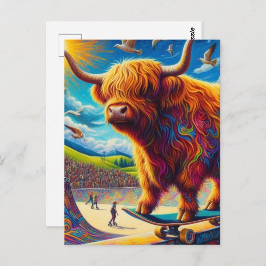 スケートボードハイランドカウウカラフルおもしろいシュレアル ポストカード (正面/裏面)