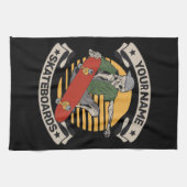 スケートボードパーソナライズされたノーズグラブスケルトンスケーター キッチンタオル (横)