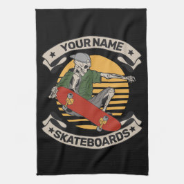 スケートボードパーソナライズされたノーズグラブスケルトンスケーター キッチンタオル