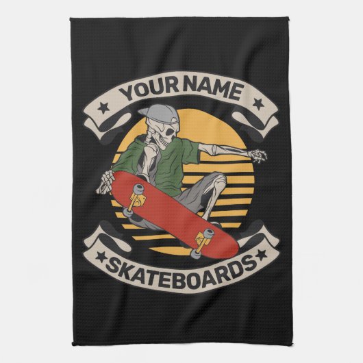 スケートボードパーソナライズされたノーズグラブスケルトンスケーター キッチンタオル (縦)