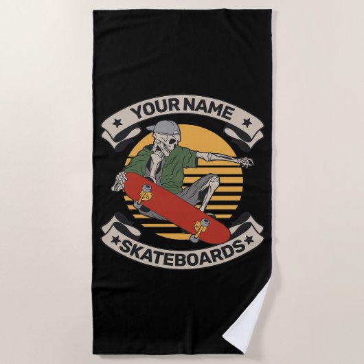 スケートボードパーソナライズされたノーズグラブスケルトンスケーター ビーチタオル (正面)
