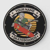 スケートボードパーソナライズされたノーズグラブスケルトンスケーター ラージ壁時計 (正面)