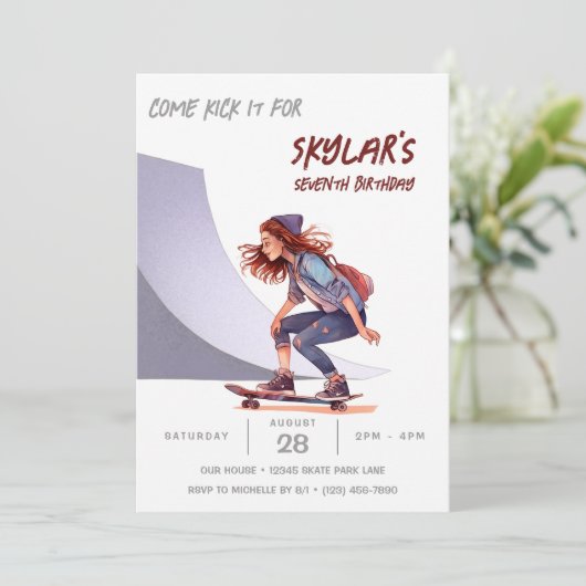 スケートボードフォトスケートパークガールバースデーパーティー 招待状 (スタンド正面)