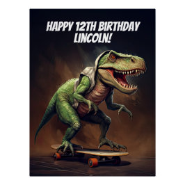 スケートボードレックスパーティーに乗ったT型恐竜 ポスター