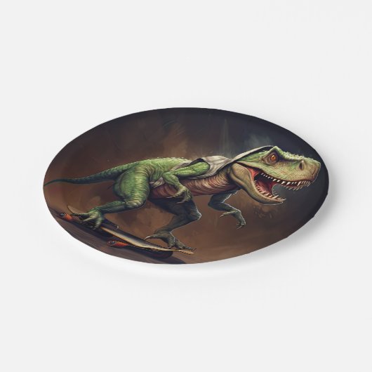 スケートボードレックスパーティーを開催するT型恐竜 ペーパープレート (アングル)