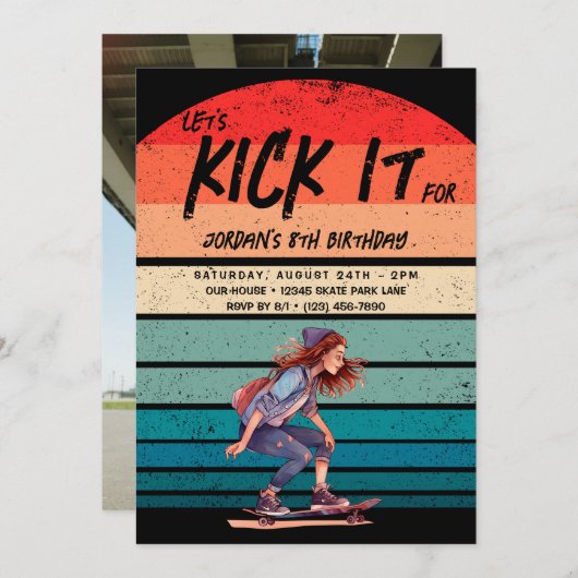 スケートボードレトロサンセットフォトガールズバースデーパーティー 招待状 (正面/裏面)