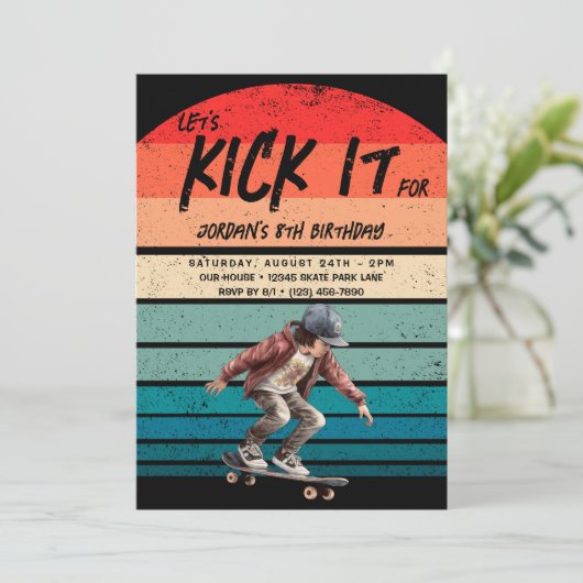 スケートボードレトロサンセットフォトボーイズバースデーパーティー 招待状 (スタンド正面)